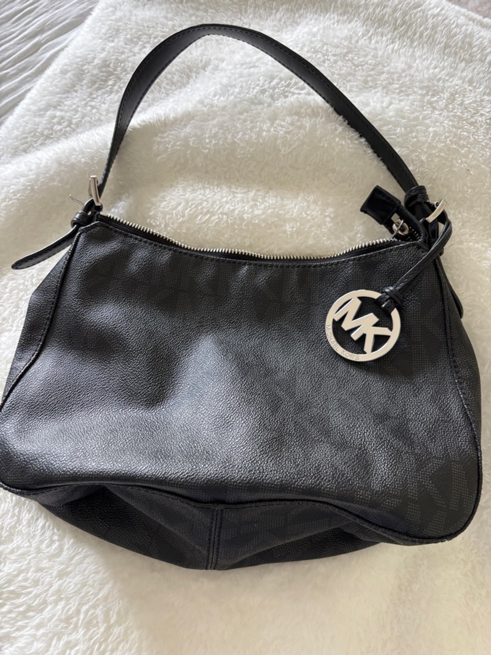 Michael Kors Black Leather Shoulder Hobo with MK Charm